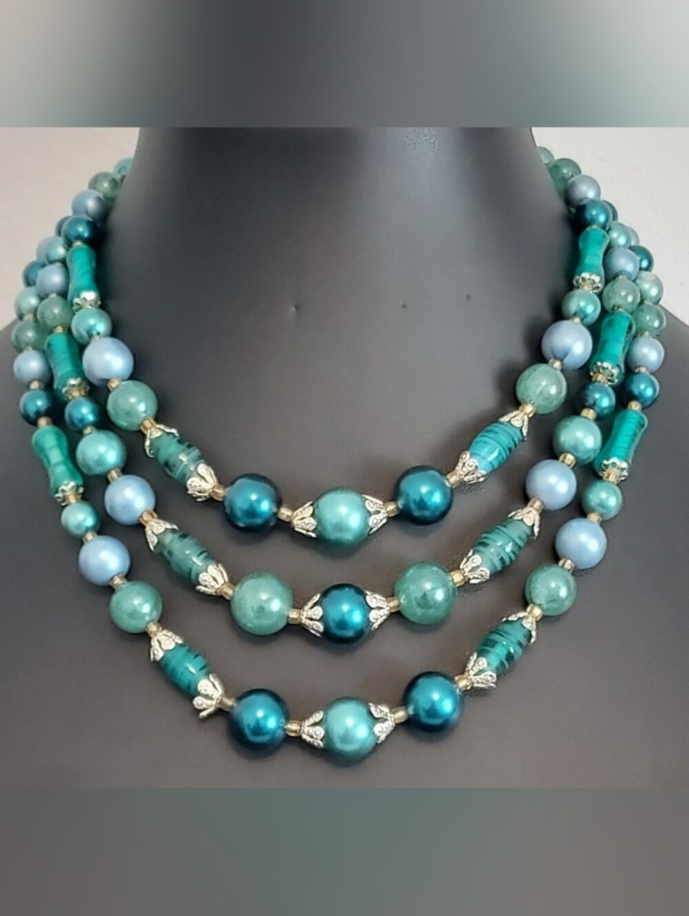 Triple-Strand Teal Beaded Necklace with Gold Accents - Women Jewelry